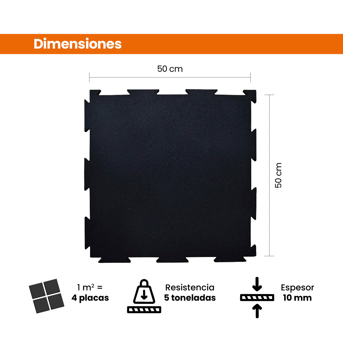 Piso de Caucho 50x50cm Negro 10mm encastrable 1m2