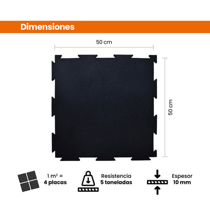 Piso de Caucho 50x50cm Negro con Pintas 10mm encastrable 1m2